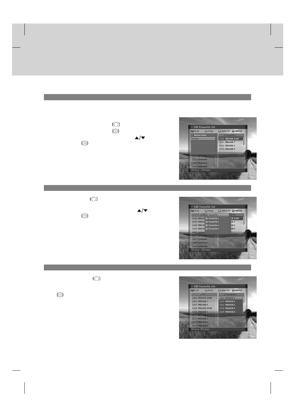 Moving favourite channels, Selecting favourite groups, Selecting/unselecting all channels | Gb 53 | Humax TV HDCl-2000 User Manual | Page 54 / 85