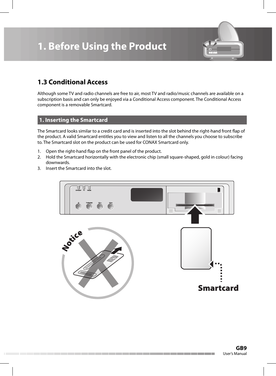 Before using the product, Not ice smartcard, 3 conditional access | Humax CX-FOX C II User Manual | Page 10 / 64