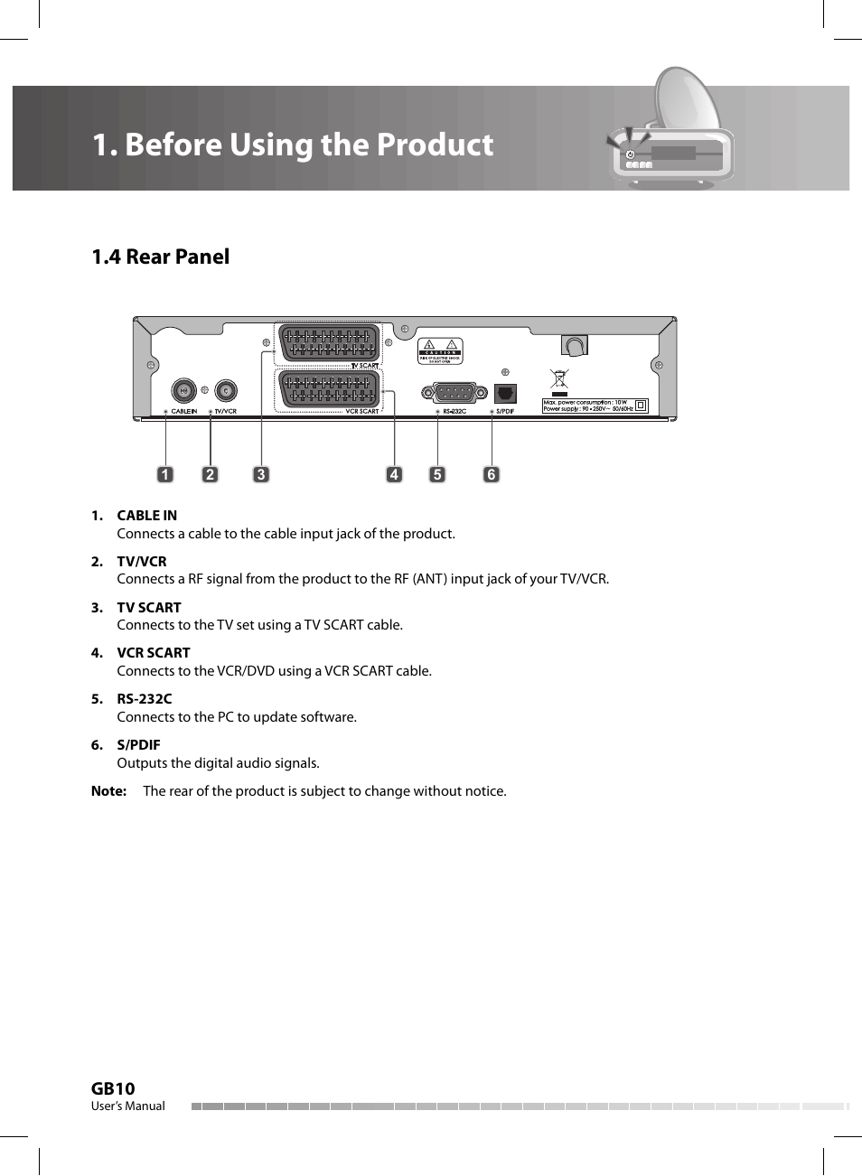 Before using the product, 4 rear panel | Humax CX-FOX C II User Manual | Page 11 / 64