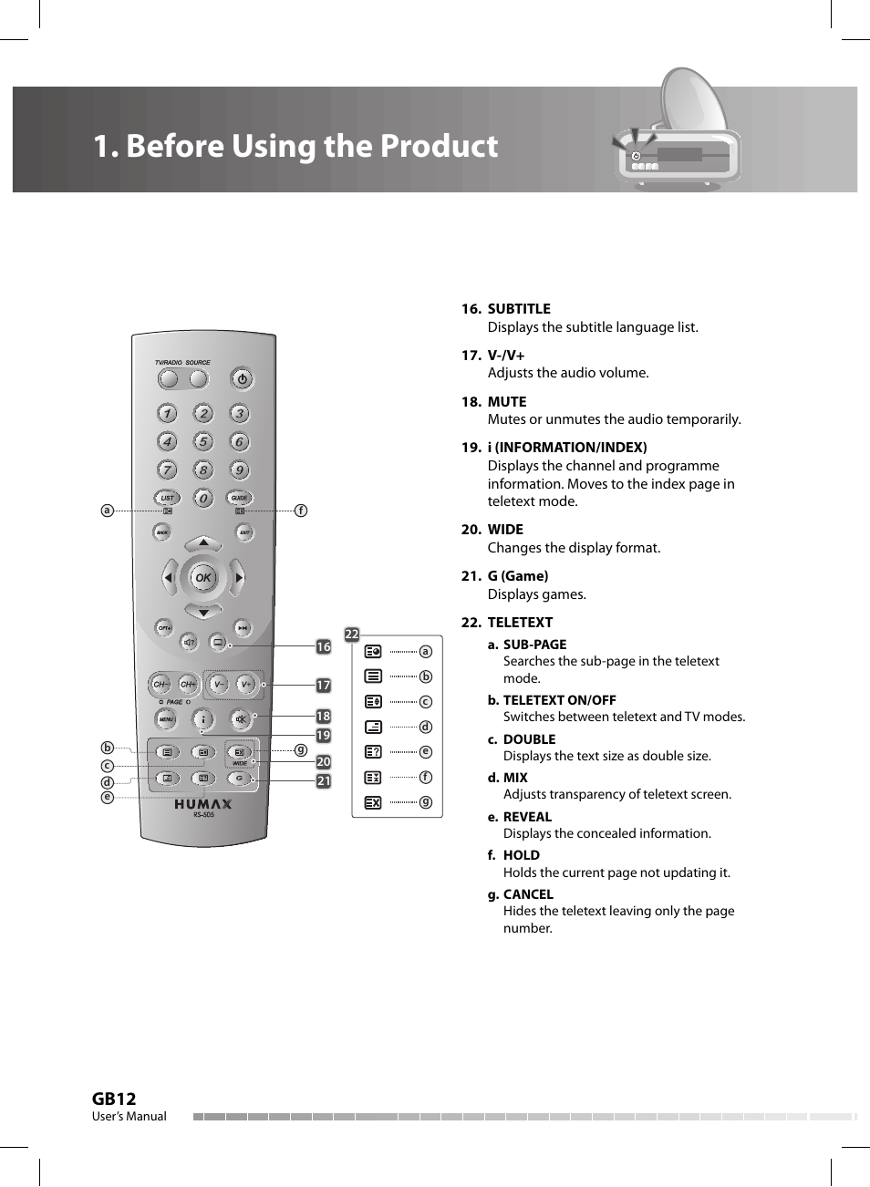 Before using the product, Gb12 | Humax CX-FOX C II User Manual | Page 13 / 64