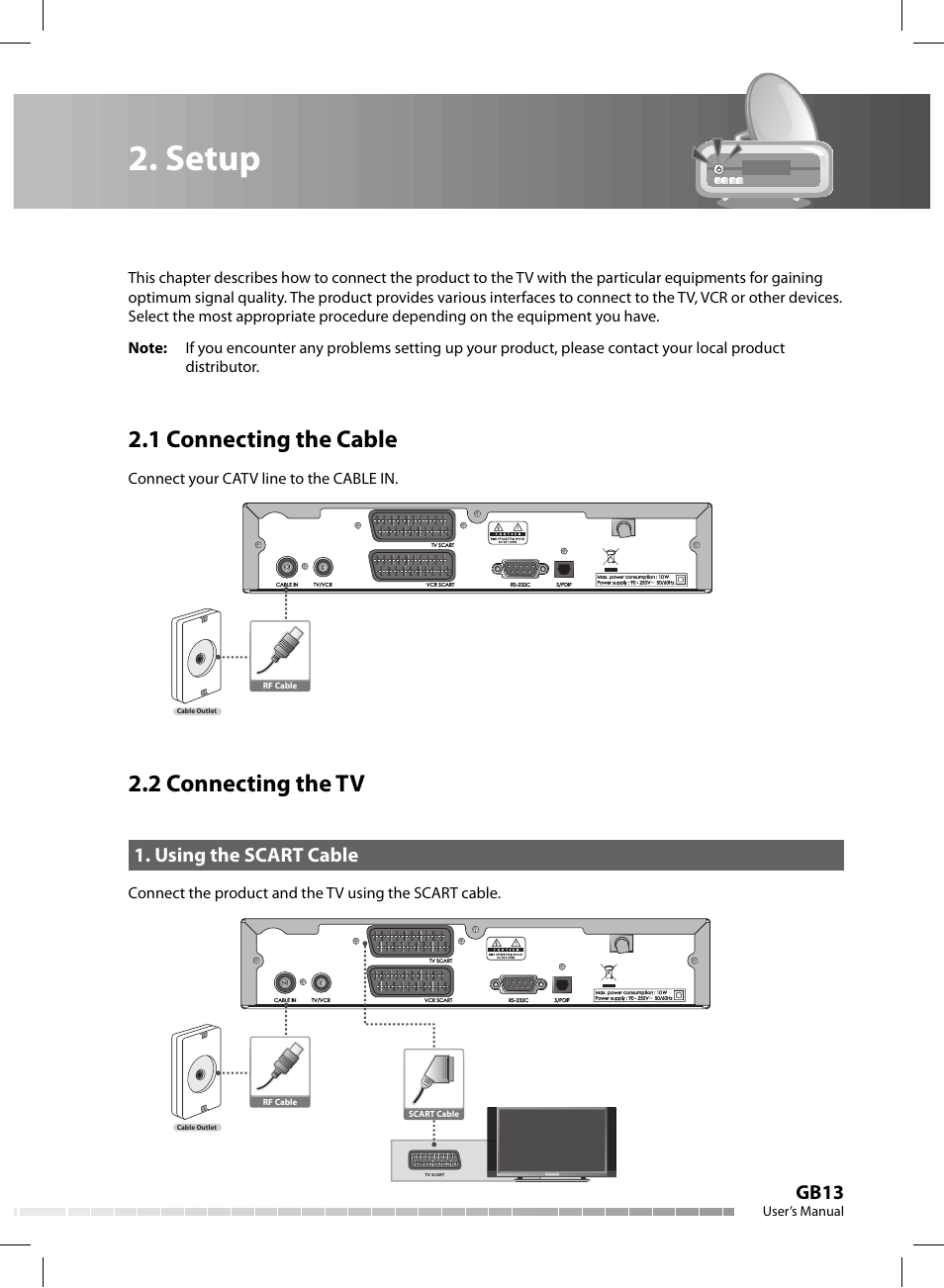 Setup, 1 connecting the cable, 2 connecting the tv | Gb13, Using the scart cable, Connect your catv line to the cable in | Humax CX-FOX C II User Manual | Page 14 / 64