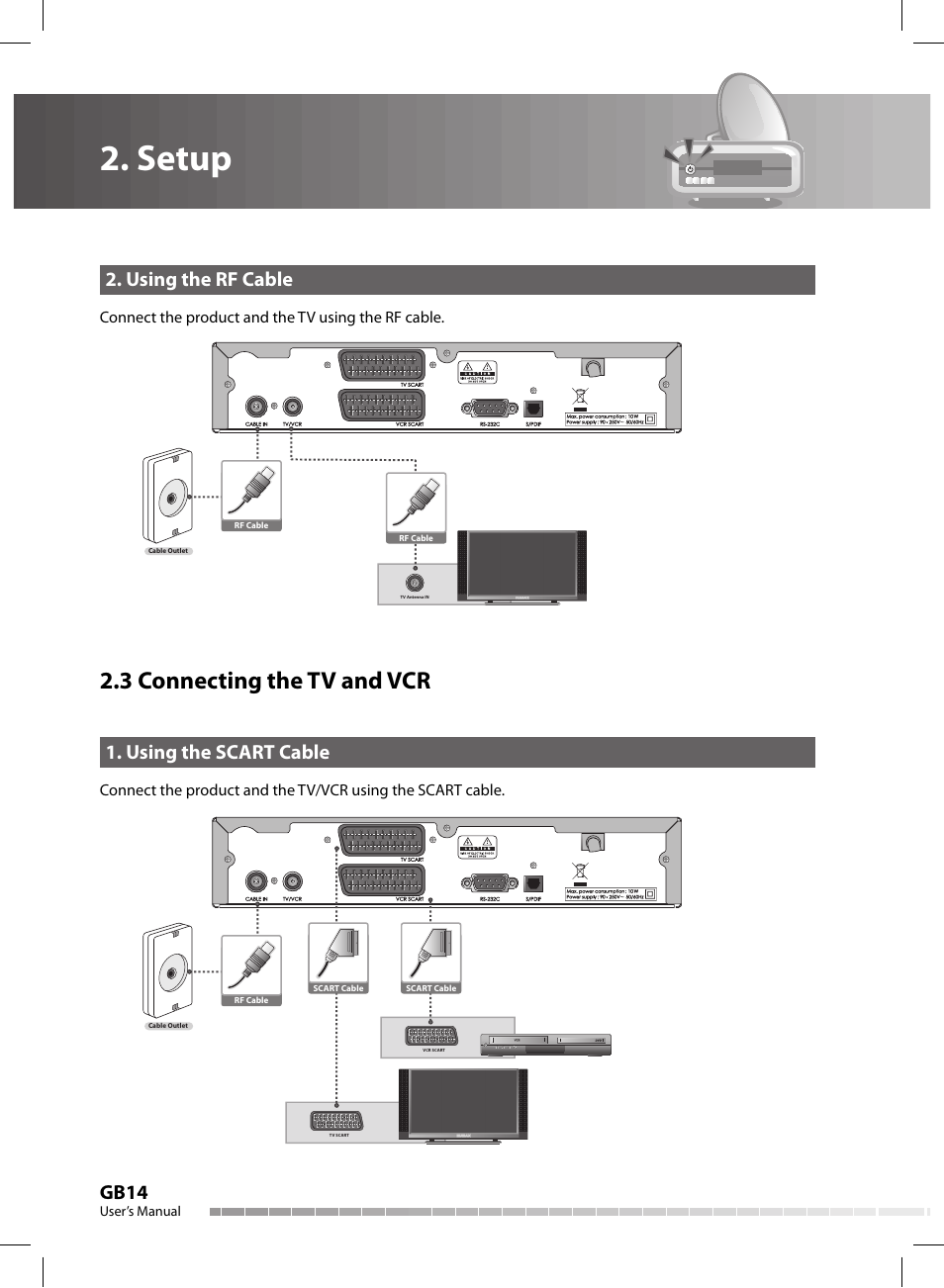 Setup, 3 connecting the tv and vcr, Gb14 | Using the rf cable, Using the scart cable, Connect the product and the tv using the rf cable, User’s manual | Humax CX-FOX C II User Manual | Page 15 / 64