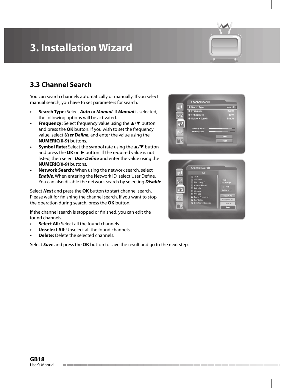 Installation wizard, 3 channel search, Gb18 | Humax CX-FOX C II User Manual | Page 19 / 64