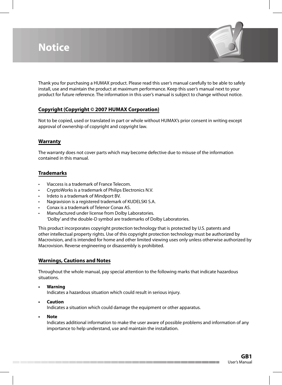 Notice | Humax CX-FOX C II User Manual | Page 2 / 64