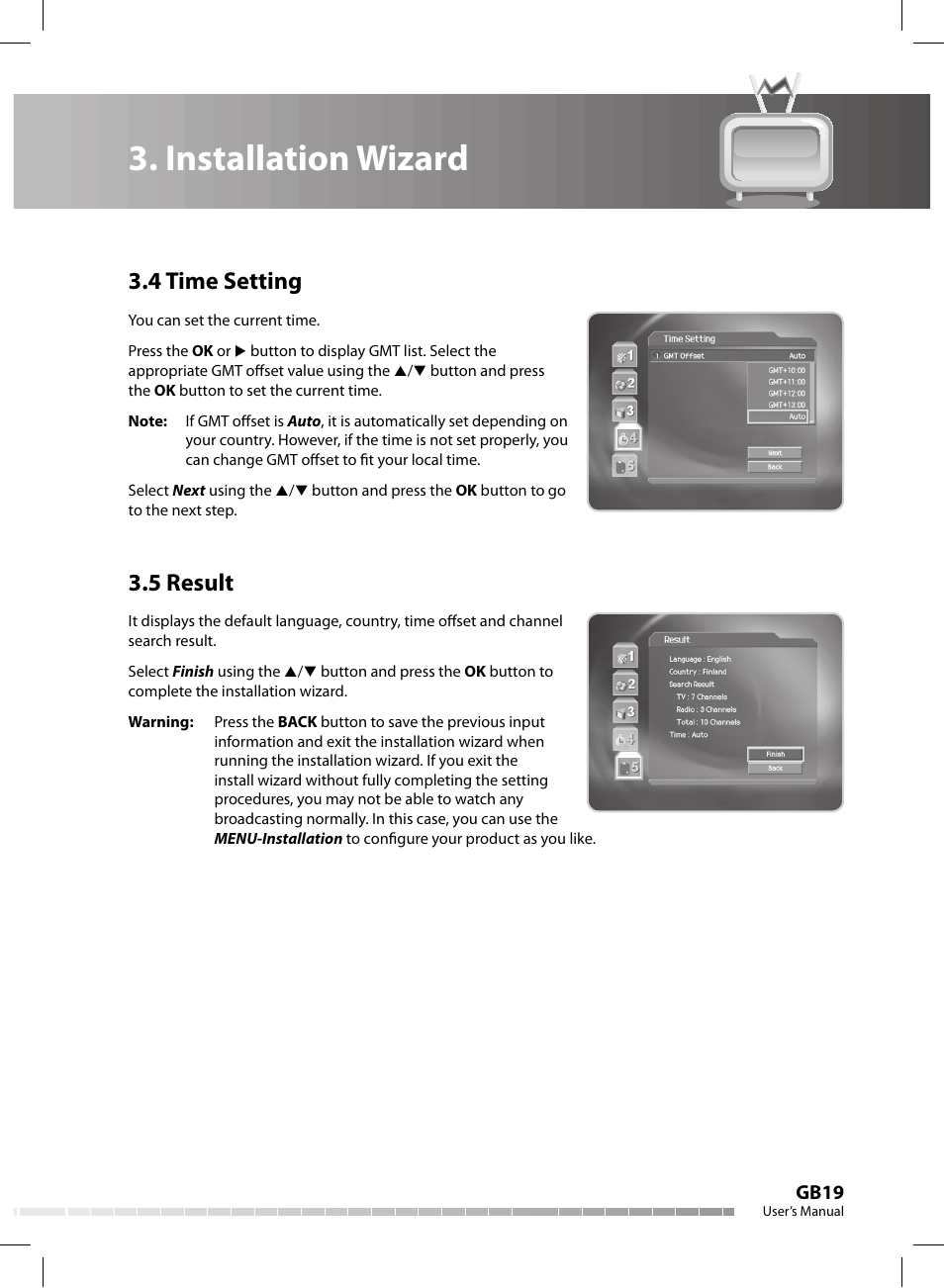 Installation wizard, 4 time setting, 5 result | Humax CX-FOX C II User Manual | Page 20 / 64