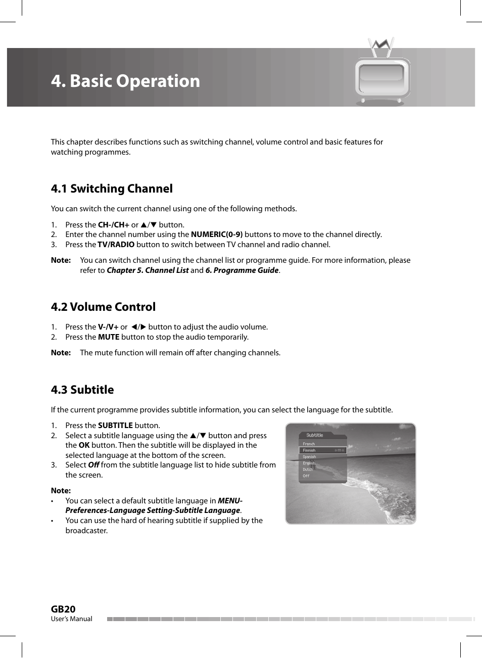 Basic operation, 1 switching channel, 2 volume control | 3 subtitle | Humax CX-FOX C II User Manual | Page 21 / 64