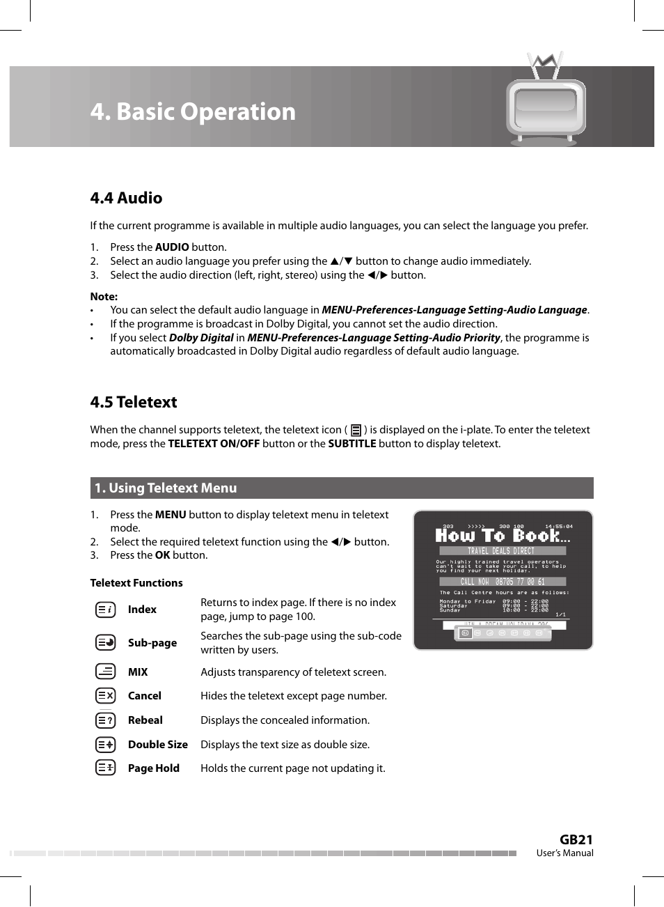 Basic operation, 4 audio, 5 teletext | Gb21, Using teletext menu | Humax CX-FOX C II User Manual | Page 22 / 64