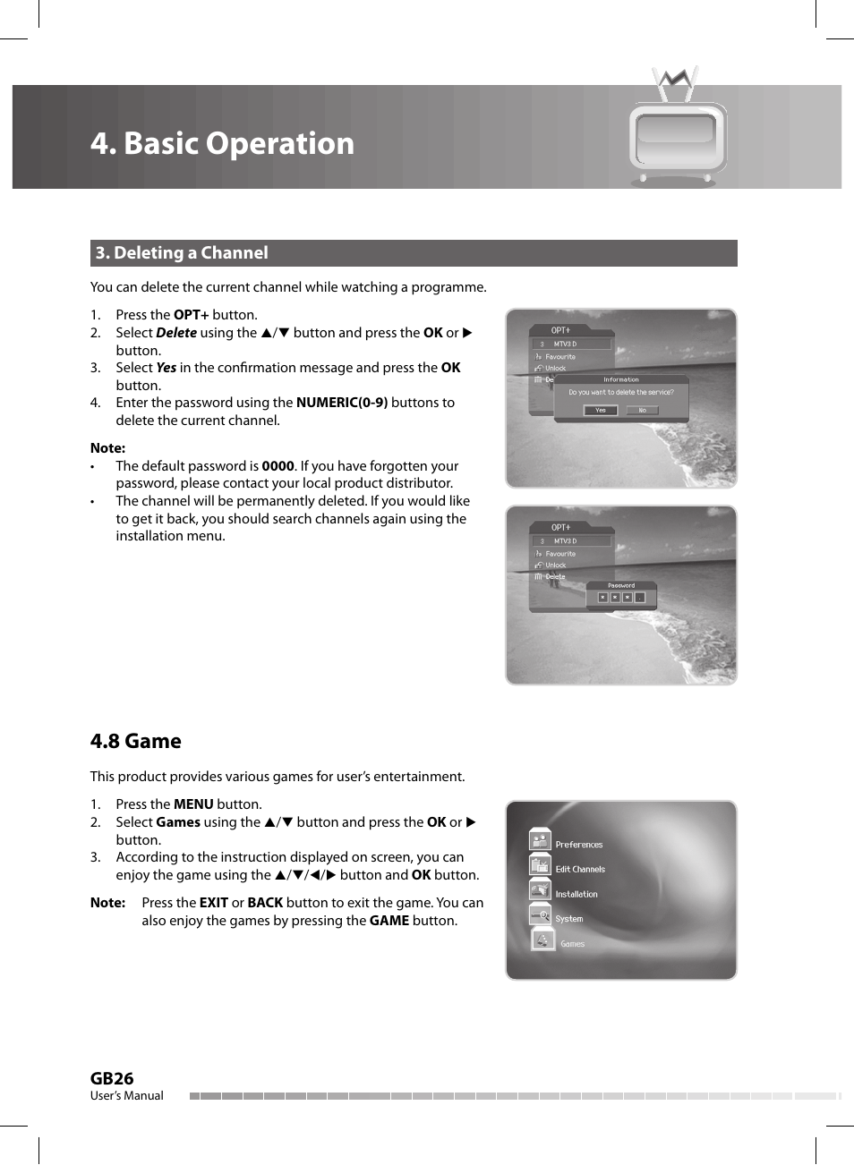 Basic operation, 8 game, Gb26 | Deleting a channel | Humax CX-FOX C II User Manual | Page 27 / 64