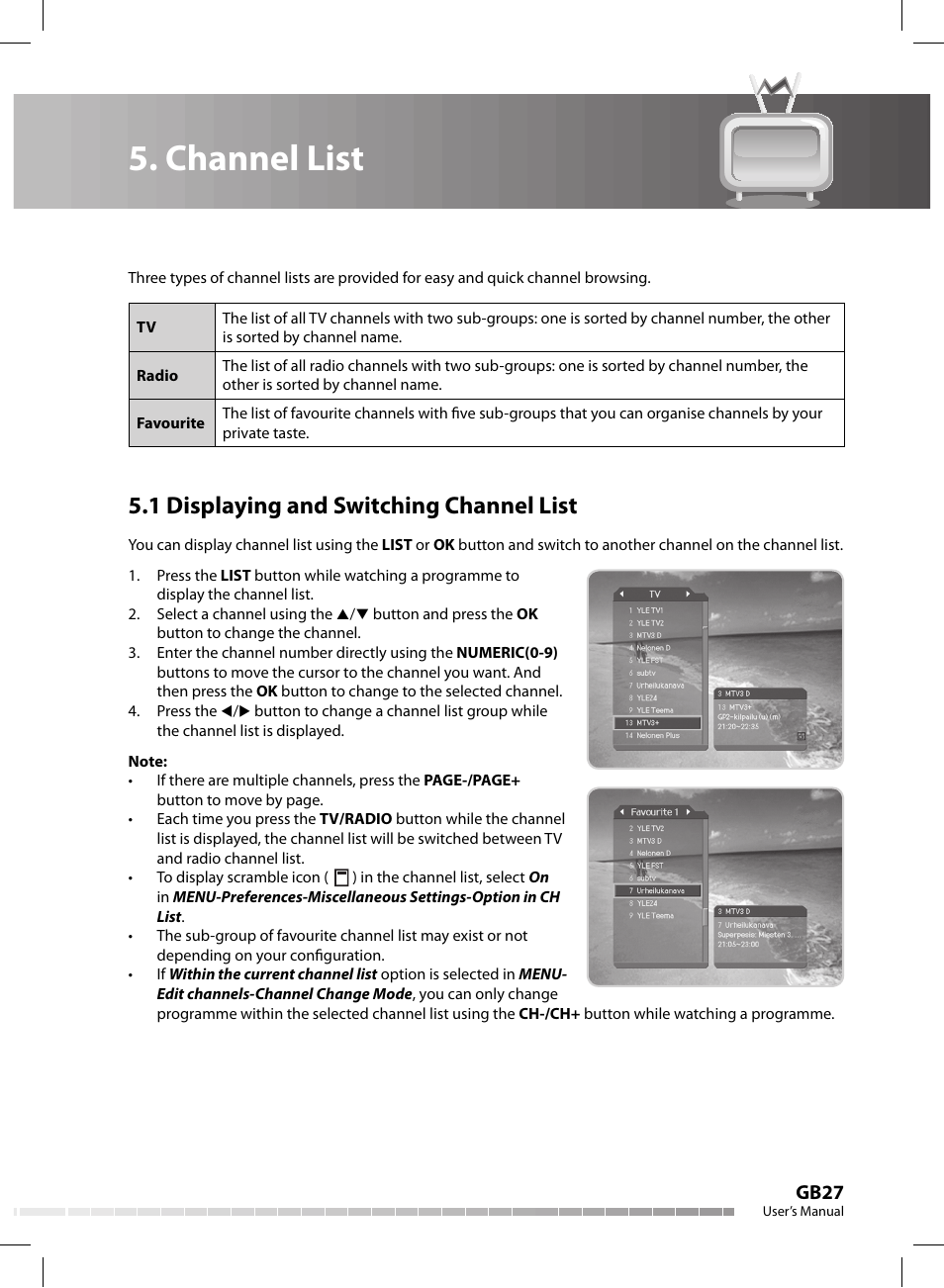 Channel list, 1 displaying and switching channel list, Gb27 | Humax CX-FOX C II User Manual | Page 28 / 64