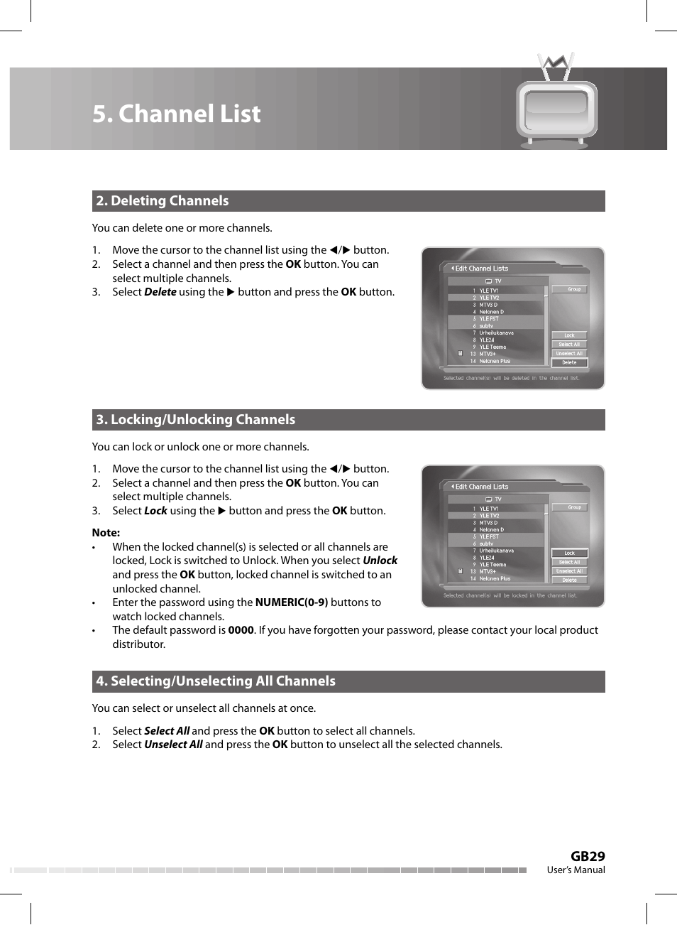 Channel list, Gb29, Deleting channels | Locking/unlocking channels, Selecting/unselecting all channels | Humax CX-FOX C II User Manual | Page 30 / 64