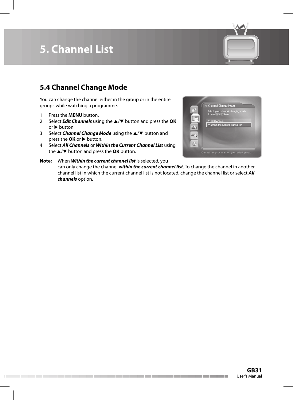 Channel list, 4 channel change mode, Gb31 | Humax CX-FOX C II User Manual | Page 32 / 64