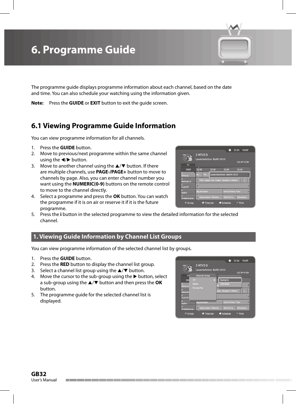 Programme guide, 1 viewing programme guide information, Gb32 | Viewing guide information by channel list groups | Humax CX-FOX C II User Manual | Page 33 / 64