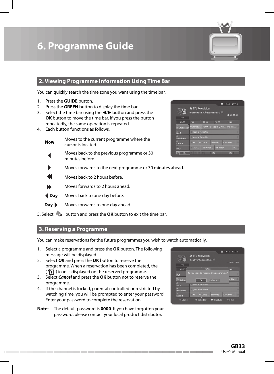 Programme guide, Gb33, Viewing programme information using time bar | Reserving a programme | Humax CX-FOX C II User Manual | Page 34 / 64