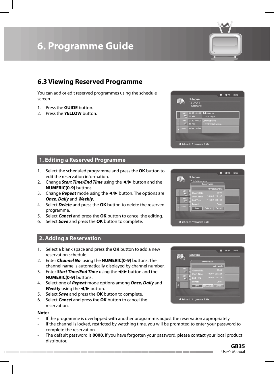 Programme guide, 3 viewing reserved programme, Gb35 | Editing a reserved programme, Adding a reservation | Humax CX-FOX C II User Manual | Page 36 / 64