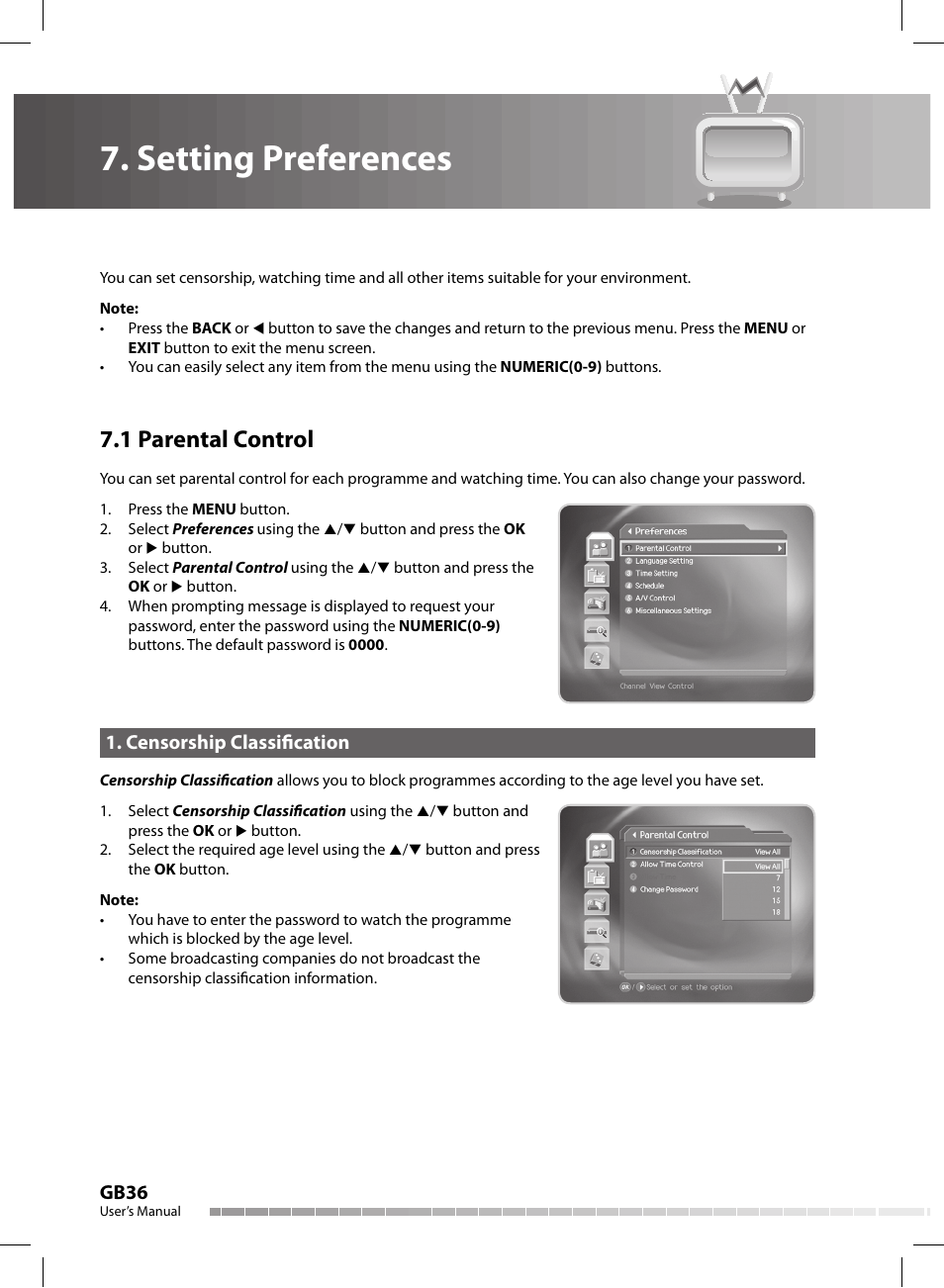 Setting preferences, 1 parental control, Gb36 | Censorship classifi cation | Humax CX-FOX C II User Manual | Page 37 / 64