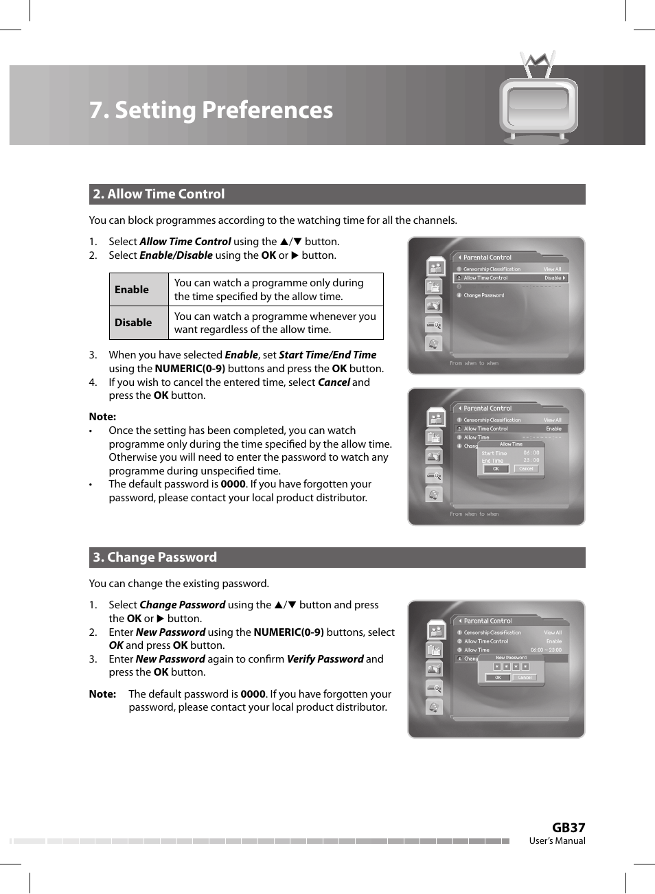 Setting preferences, Gb37, Allow time control | Change password | Humax CX-FOX C II User Manual | Page 38 / 64