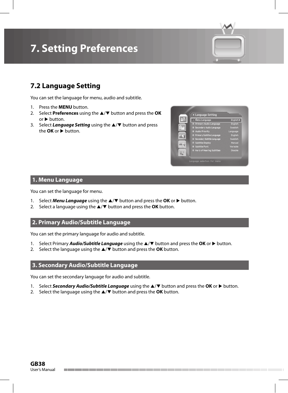 Setting preferences, 2 language setting, Gb38 | Menu language, Primary audio/subtitle language, Secondary audio/subtitle language | Humax CX-FOX C II User Manual | Page 39 / 64