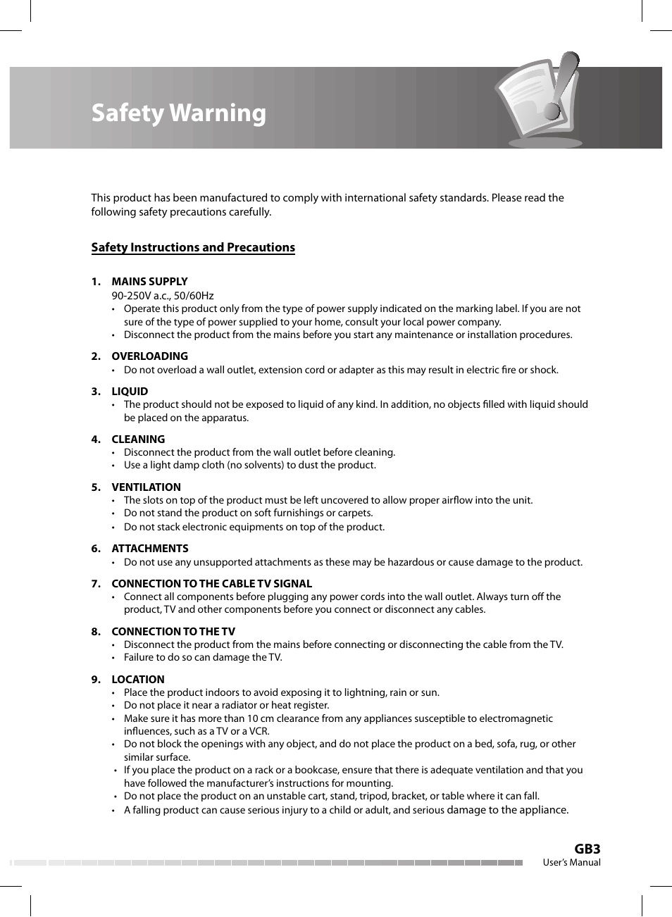 Safety warning | Humax CX-FOX C II User Manual | Page 4 / 64