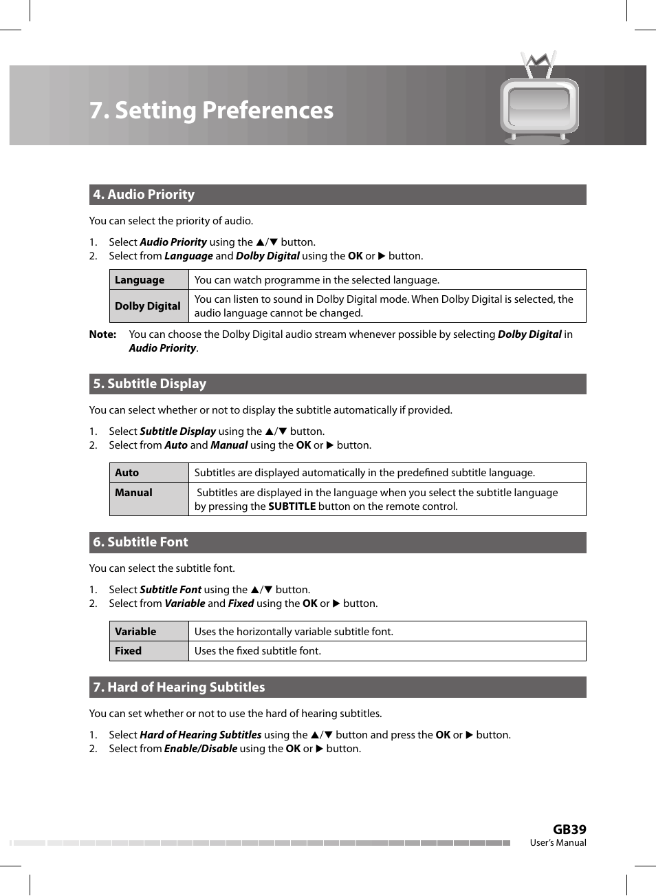 Setting preferences, Gb39, Audio priority | Subtitle display, Subtitle font, Hard of hearing subtitles | Humax CX-FOX C II User Manual | Page 40 / 64