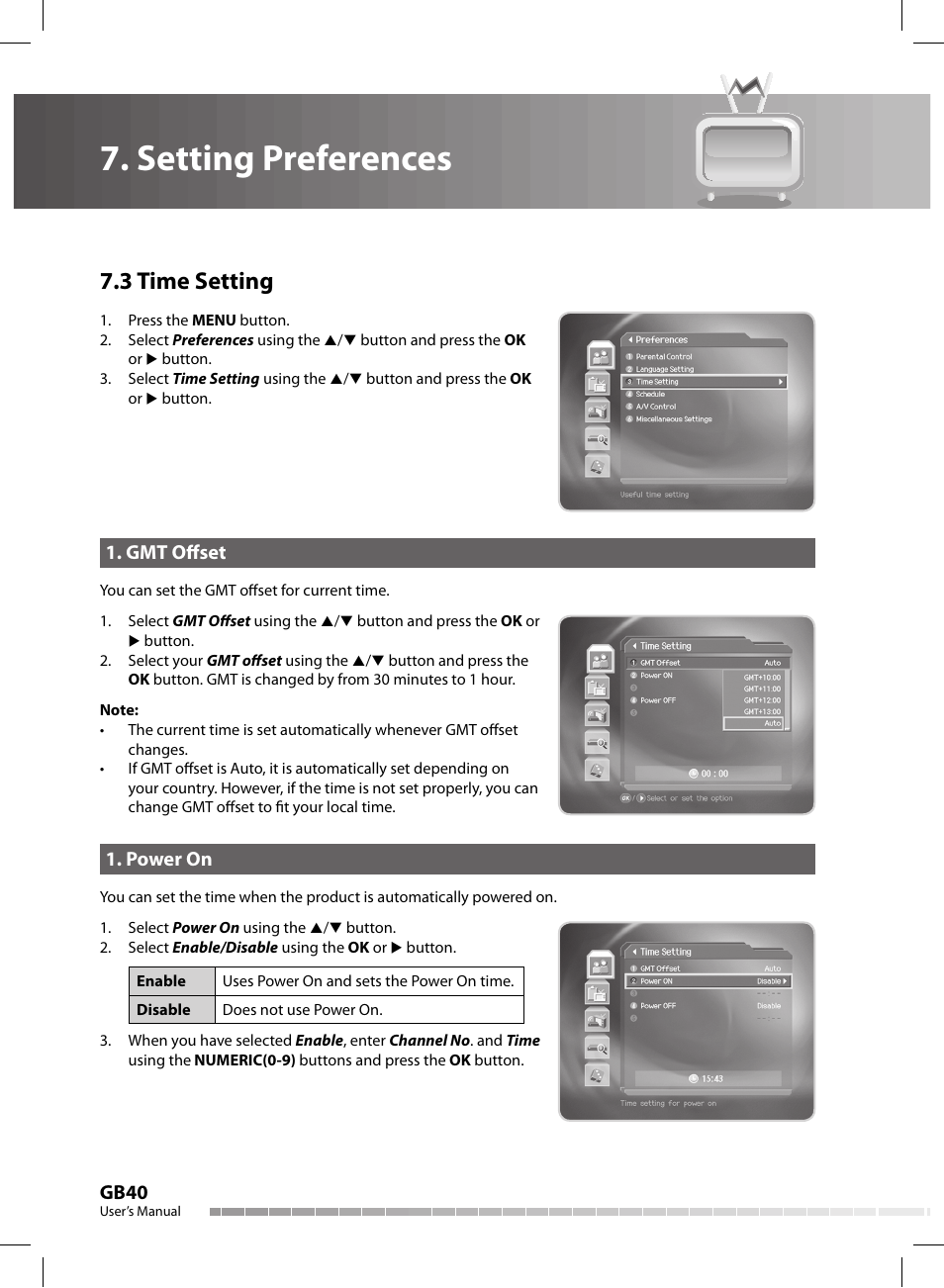 Setting preferences, 3 time setting, Gb40 | Gmt off set, Power on | Humax CX-FOX C II User Manual | Page 41 / 64