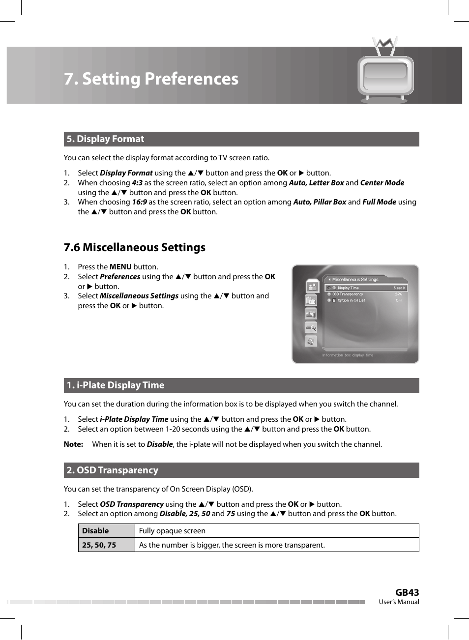 Setting preferences, 6 miscellaneous settings, Gb43 | Display format, I-plate display time, Osd transparency | Humax CX-FOX C II User Manual | Page 44 / 64