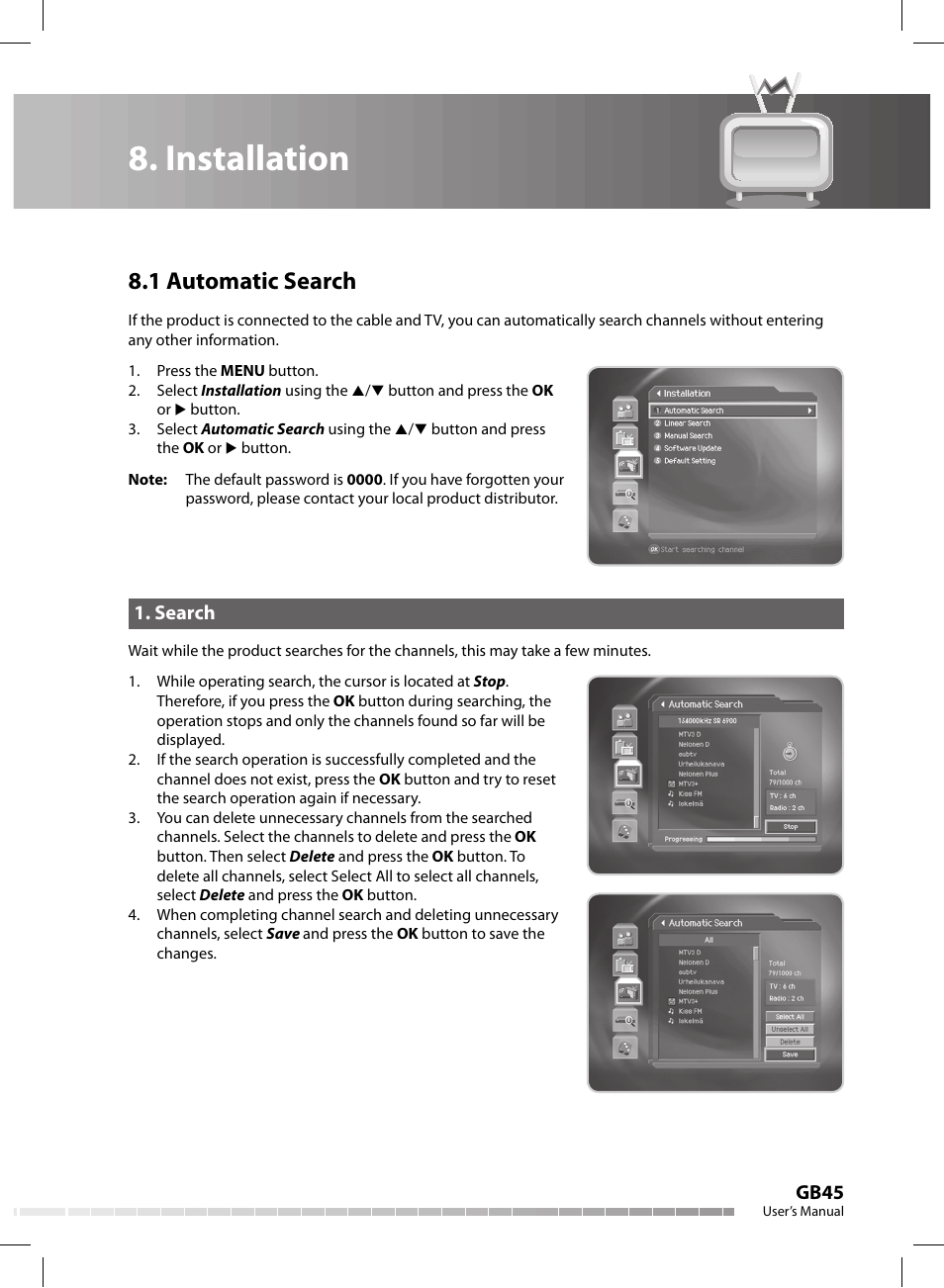 Installation, 1 automatic search, Gb45 | Search | Humax CX-FOX C II User Manual | Page 46 / 64