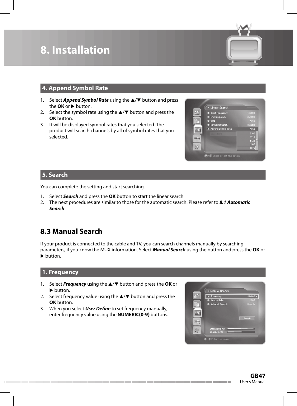 Installation, 3 manual search, Gb47 | Append symbol rate, Search, Frequency | Humax CX-FOX C II User Manual | Page 48 / 64