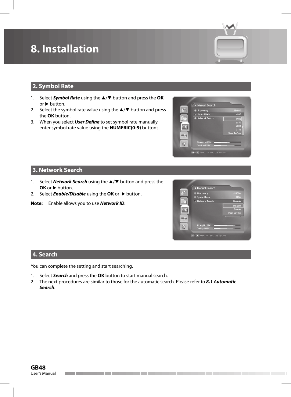 Installation, Gb48, Symbol rate | Network search, Search | Humax CX-FOX C II User Manual | Page 49 / 64