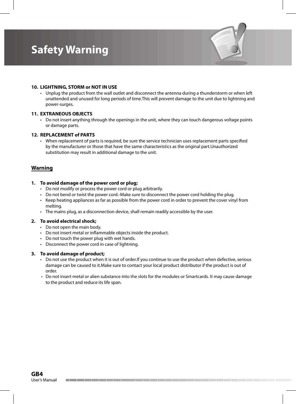 Safety warning | Humax CX-FOX C II User Manual | Page 5 / 64