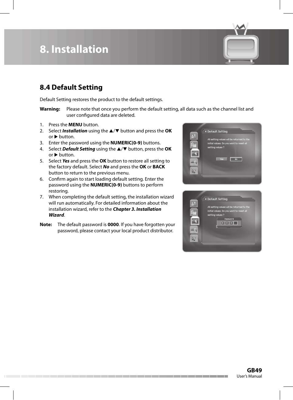 Installation, 4 default setting, Gb49 | Humax CX-FOX C II User Manual | Page 50 / 64