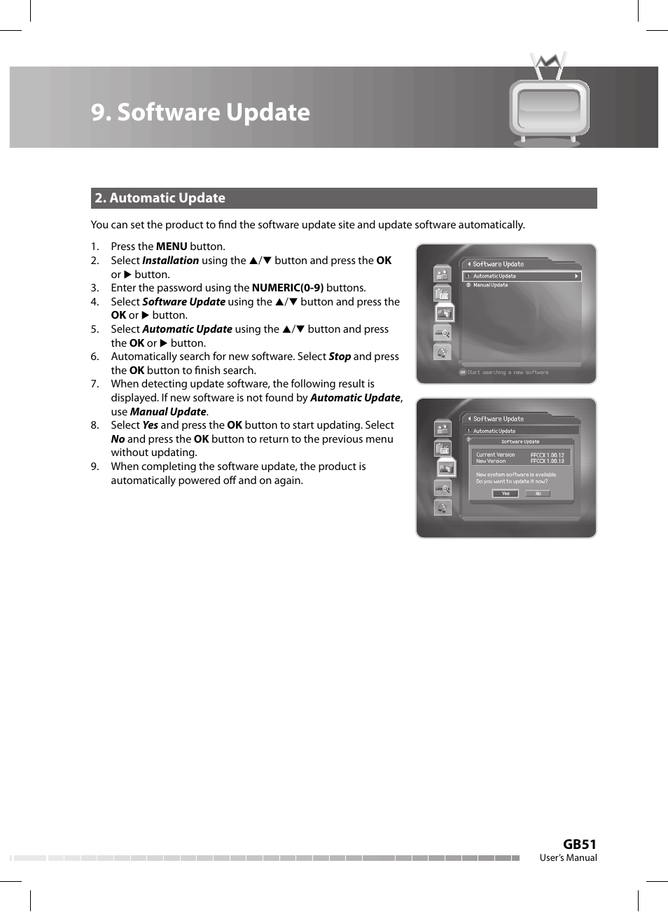 Software update, Gb51, Automatic update | Humax CX-FOX C II User Manual | Page 52 / 64