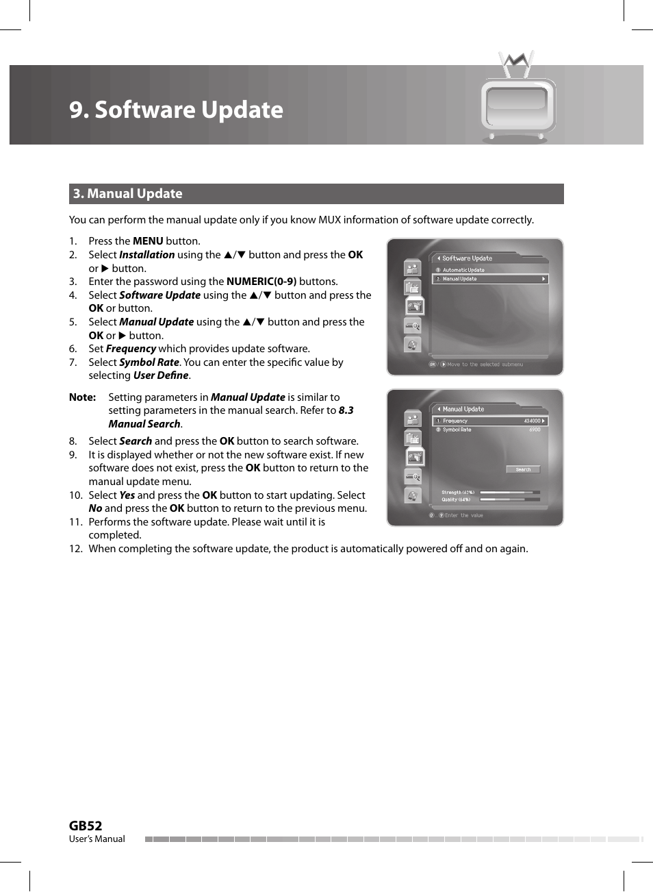 Software update, Gb52, Manual update | Humax CX-FOX C II User Manual | Page 53 / 64