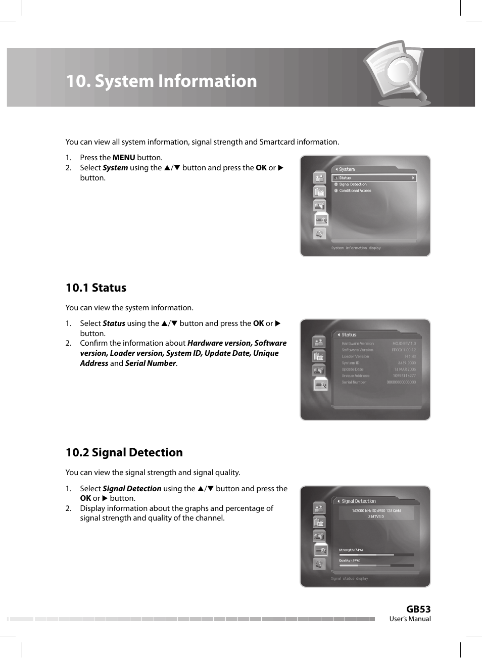 System information, 1 status, 2 signal detection | Gb53 | Humax CX-FOX C II User Manual | Page 54 / 64