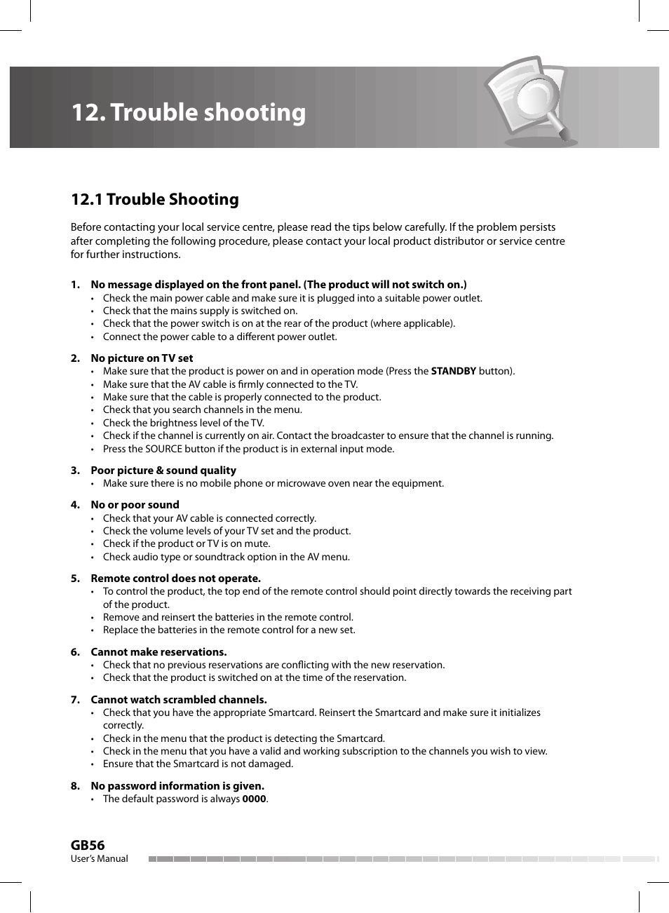 Trouble shooting, 1 trouble shooting, Gb56 | Humax CX-FOX C II User Manual | Page 57 / 64