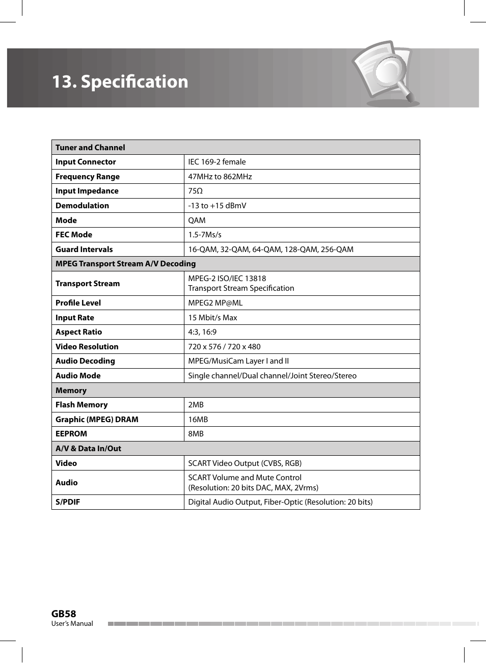 Specifi cation, Gb58 | Humax CX-FOX C II User Manual | Page 59 / 64