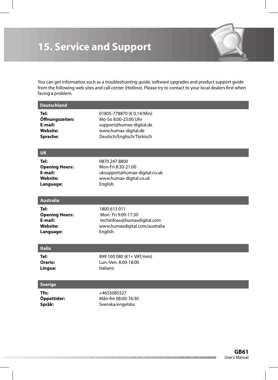 Service and support, Gb61 | Humax CX-FOX C II User Manual | Page 62 / 64