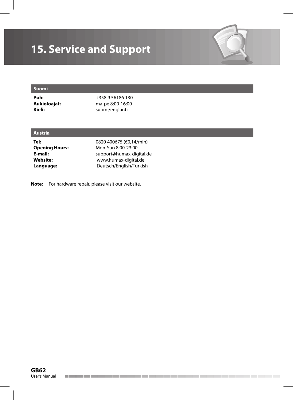 Service and support | Humax CX-FOX C II User Manual | Page 63 / 64