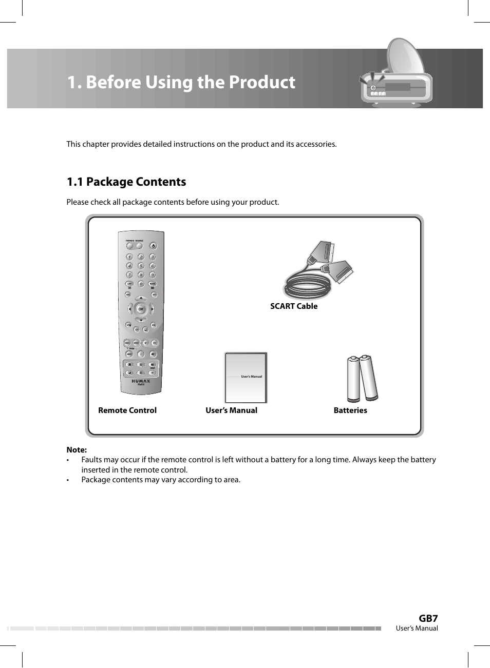 Before using the product, 1 package contents | Humax CX-FOX C II User Manual | Page 8 / 64