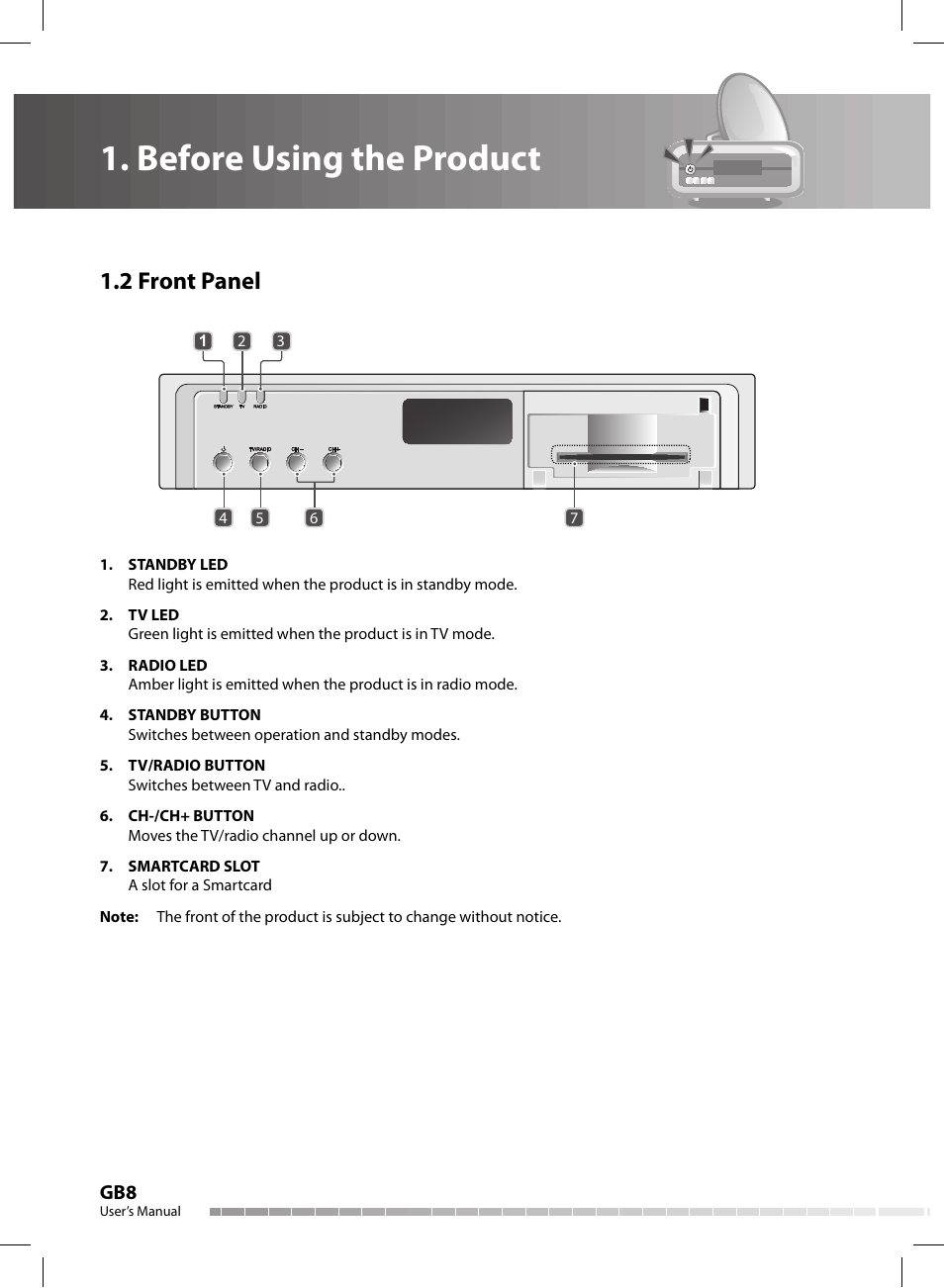 Before using the product, 2 front panel | Humax CX-FOX C II User Manual | Page 9 / 64