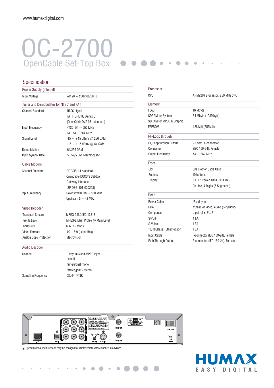 Oc-2700, Opencable set-top box, Specification | Humax OC-2700 User Manual | Page 2 / 2