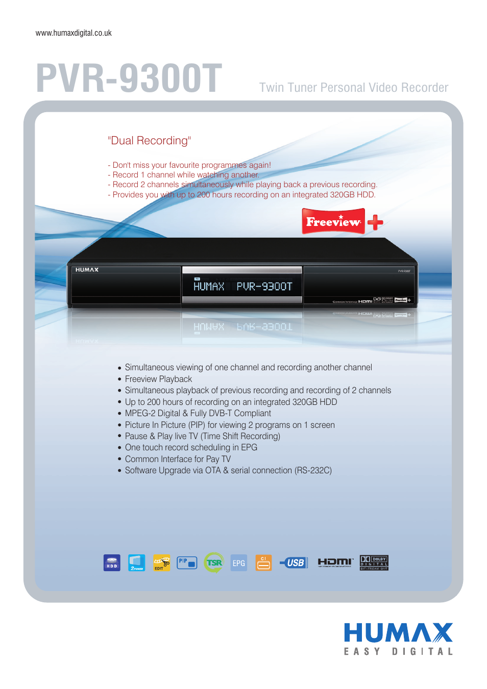 Humax PVR-9300T User Manual | 2 pages