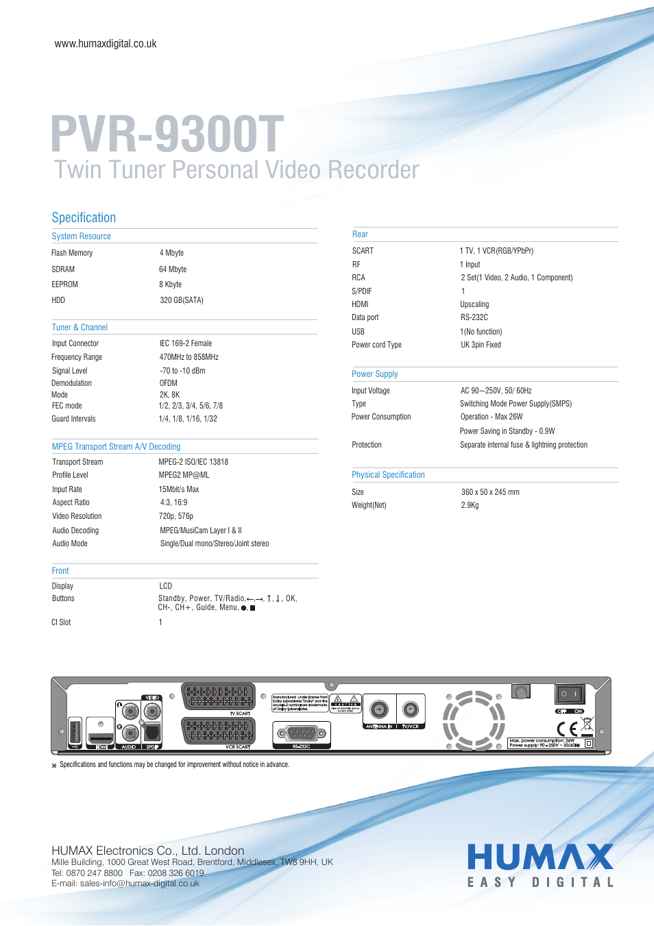 Pvr-9300t, Twin tuner personal video recorder, Specification | Humax PVR-9300T User Manual | Page 2 / 2