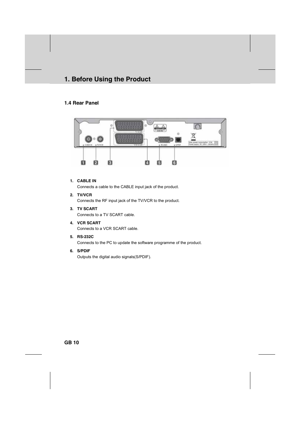 Before using the product, 4 rear panel, Gb 10 | Humax IR-FOX C User Manual | Page 11 / 64