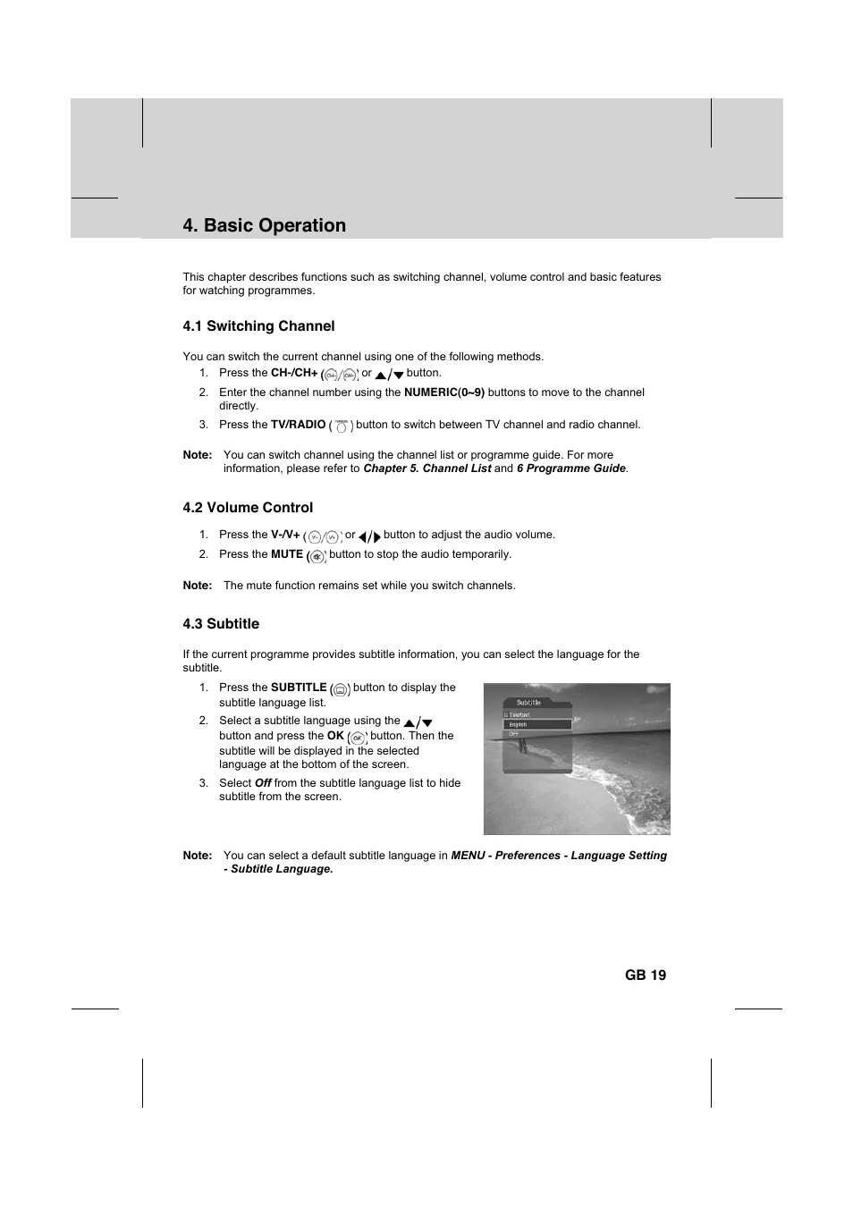 Basic operation, 1 switching channel, 2 volume control | 3 subtitle, Gb 19 | Humax IR-FOX C User Manual | Page 20 / 64