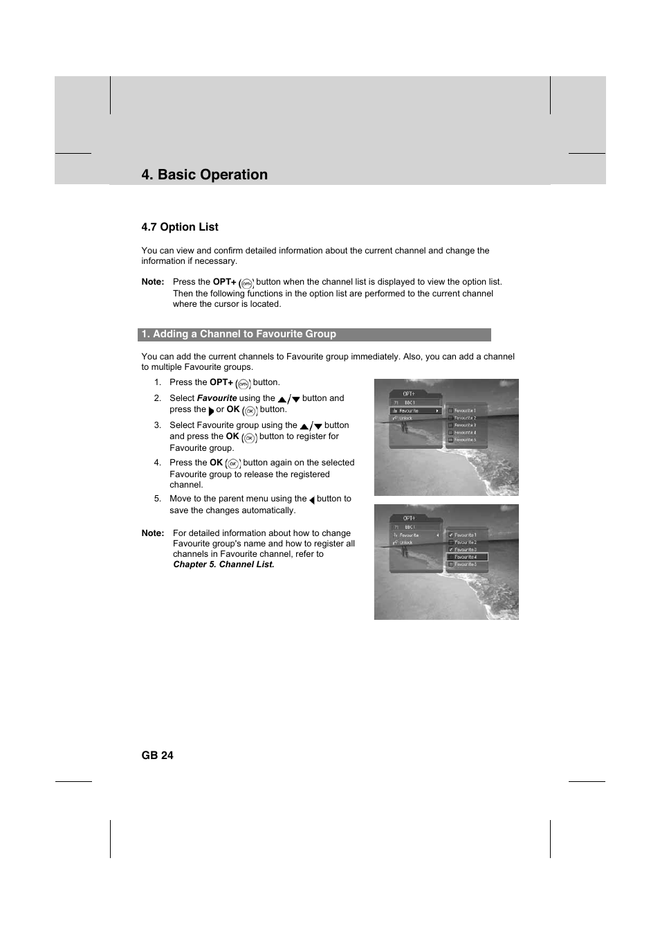 Basic operation, 7 option list, Gb 24 | Humax IR-FOX C User Manual | Page 25 / 64