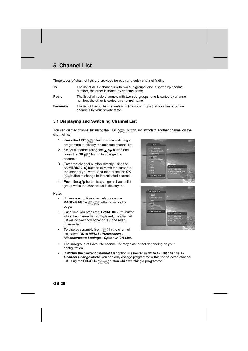 Channel list, 1 displaying and switching channel list, Gb 26 | Humax IR-FOX C User Manual | Page 27 / 64