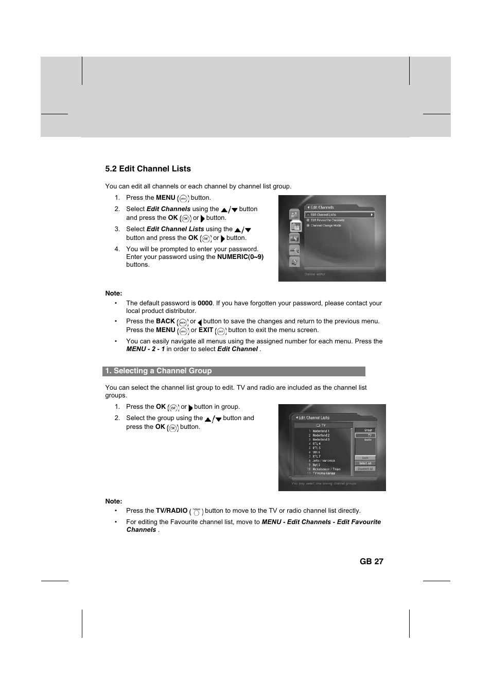 2 edit channel lists, Gb 27 | Humax IR-FOX C User Manual | Page 28 / 64