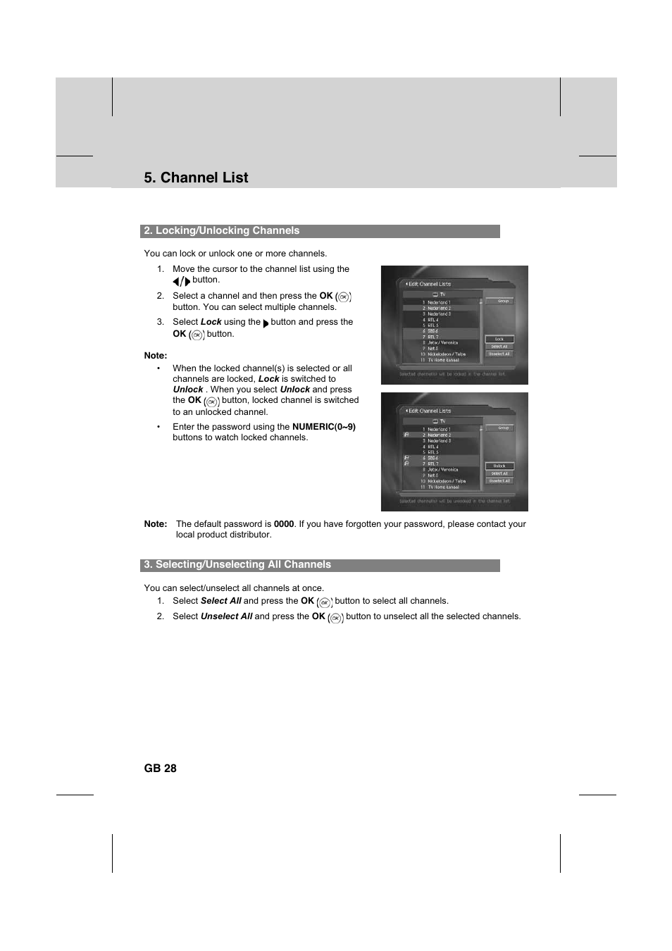 Channel list, Gb 28 | Humax IR-FOX C User Manual | Page 29 / 64