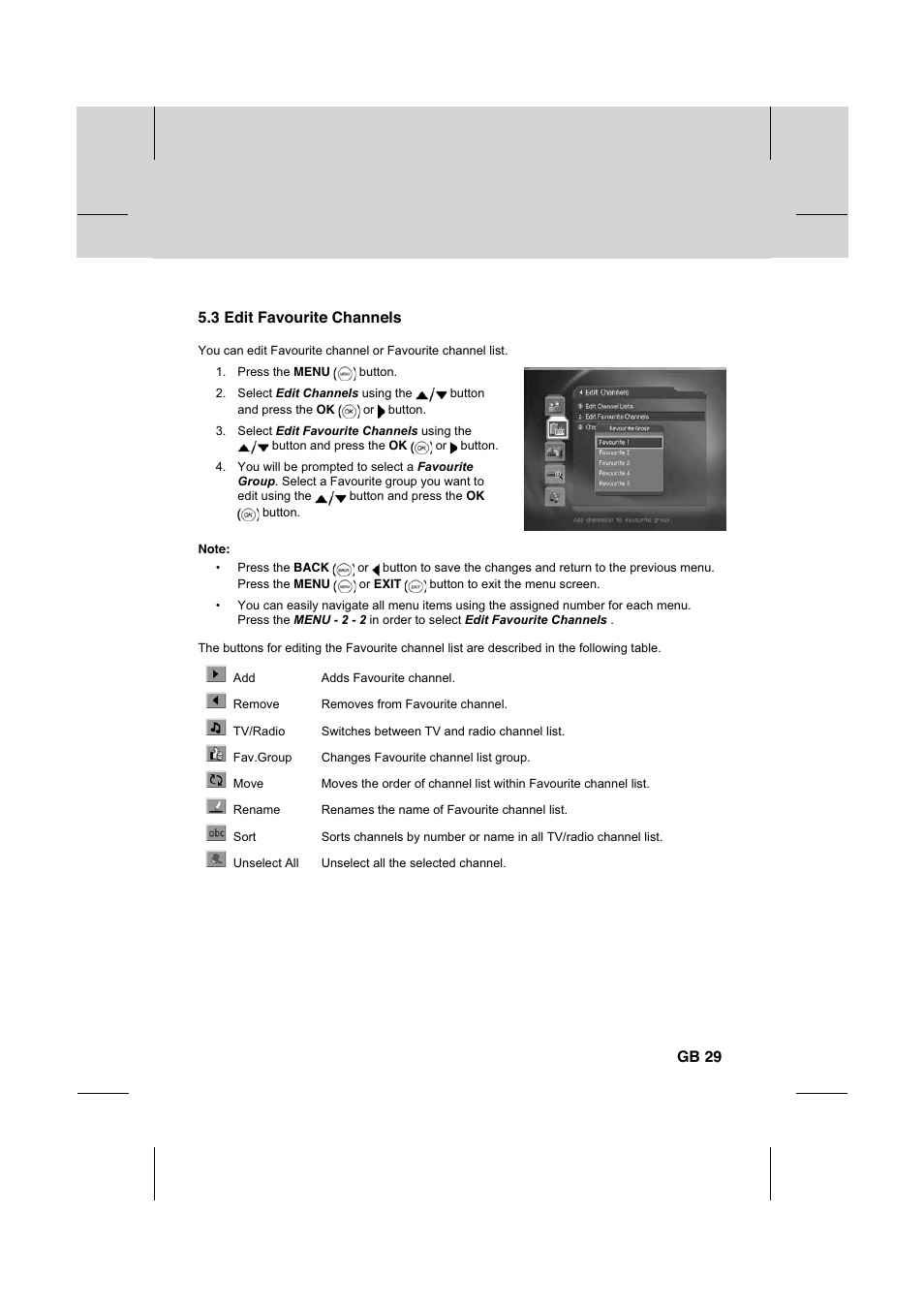 3 edit favourite channels, Gb 29 | Humax IR-FOX C User Manual | Page 30 / 64