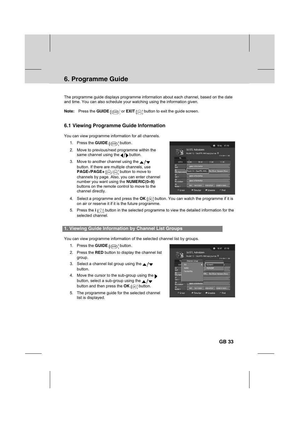 Programme guide, 1 viewing programme guide information, Gb 33 | Humax IR-FOX C User Manual | Page 34 / 64